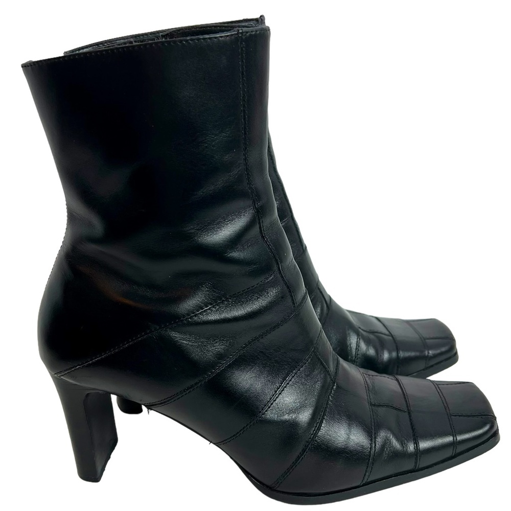 Roberto Vianni Black Genuine Leather Square Toe Sculpted Heel Boots Size 8
